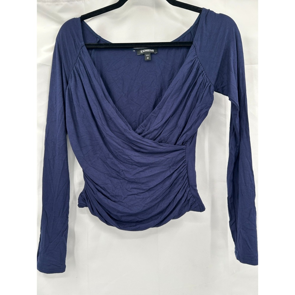 EXPRESS Top Women's Navy Blue XS Wrap Ruched‎ Rayon Blend Long Sleeve